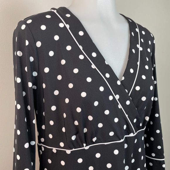 Lands' End Dress Small Black White Polka Dot Nylon Stretch Jersey Surplice Neck - Picture 2 of 12